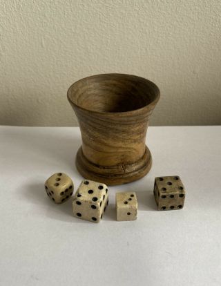 Antique 19th Century Wooden Treen Dice Shaker And Bone Dice