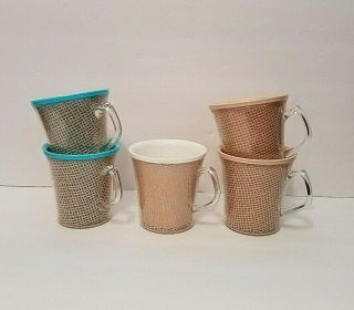 5 Vintage Raffia Ware Burlap Weave Melmac Plastic Coffee Cups Mugs 60 