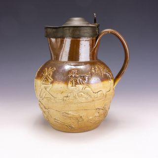 Antique English Stoneware Salt Glazed Harvest Jug - Slight Damage But Early