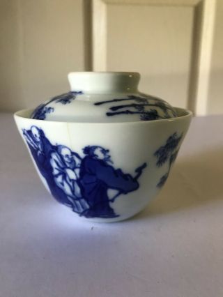 Antique Chinese Blue White Porcelain Hand Painted Tea Cup/gaiwan With Lid Qing