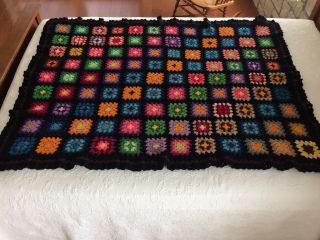 Vtg Handmade Black Border Multi Color Granny Square Afghan Throw Blanket Crochet