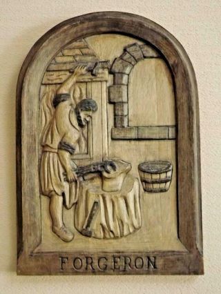 Hand Carved Vintage French Wooden Plaque With Image Of A Blacksmith At Work 2068 2