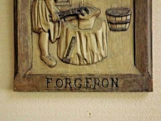 Hand Carved Vintage French Wooden Plaque With Image Of A Blacksmith At Work 2068 3