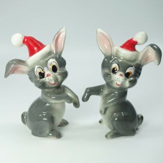 Kreiss Salt Pepper Christmas Rabbits Bunny Ceramic Holiday Vintage Santa Bunnies