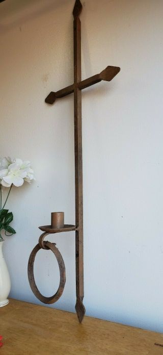 Vintage Hand Forged Wrought Iron Metal Cross Wall Hanging Candle & Towel Holder