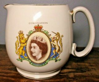 Vintage 1953 Sadler Pottery Queen Elizabeth Ii Coronation Commemorative Pitcher