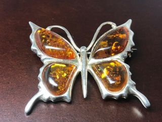 Antique Natural Baltic Amber Sterling Silver 925 Butterfly Brooch/pin