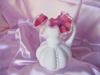 Vintage Fenton White W/ Pink Glass Ruffled Edge Melon Vase Pitcher