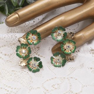 Vintage Coro Green Enamel Ab Rhinestone Flower Gold Tone Clip Earrings