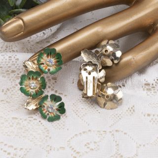 Vintage Coro Green Enamel AB Rhinestone Flower Gold Tone Clip Earrings 2