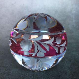 Ruby Red Cut To Clear Czech Bohemian Crystal Vintage Art Glass Paperweight 3 "