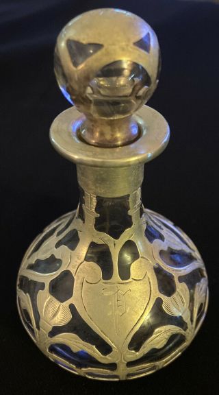 Antique 1909 Art Nouveau Perfume Bottle American Glass Sterling Silver Overlay