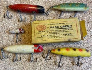 Five 1930s Fishing Lures & Box Brochure Wooden Bass - Oreno South Bend