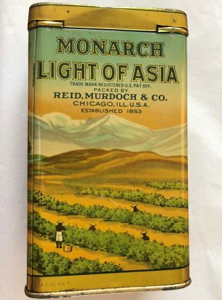 ANTIQUE 1893 ' MONARCH LIGHT OF ASIA,  ' INDIA DARJEELING TEA TIN BOX CHICAGO,  ILL 3