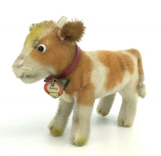 Steiff Bessy Cow Mohair Plush 12cm 5in Id Chest Tag Collar Bell 1960s Vintage