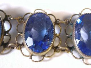 Vintage Glass Blue Faceted Open Back Filigree Bracelet Repousse 6 7/8 " Long