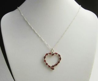 Sparkly Vintage Garnet Heart Shape Lg Sterling Silver Pendant Necklace 2