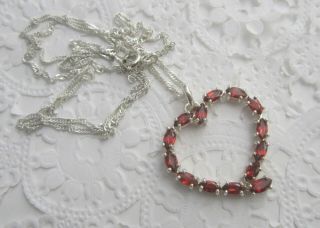 Sparkly Vintage Garnet Heart Shape Lg Sterling Silver Pendant Necklace 3