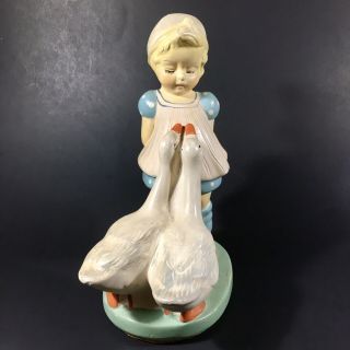 Vintage Mid Century Coventry Ware Ceramic Girl Hiding Flowers Two Geese Figurine 2