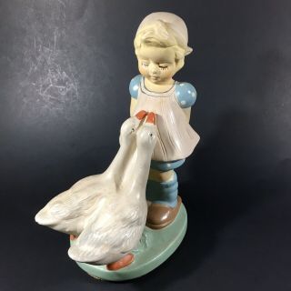 Vintage Mid Century Coventry Ware Ceramic Girl Hiding Flowers Two Geese Figurine 3