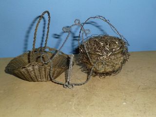 3 Vtg Antique German Sebnitz? X - Mas Ornaments: Metal Basket,  Bird Nest,  Lantern
