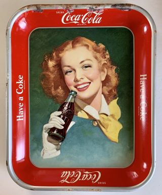 Vntg Coca - Cola Advertising Tray Girl Red Hair Yellow Scarf 1948 - 52 " Have A Coke "