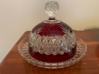 Gorgeous Antique Ruby Royal Crystal Early American Pattern Glass Covered Butter