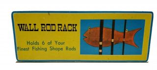 Vintage Wall Rod Rack Holds 6 Fishing Poles Wooden Shaped Like A Fish