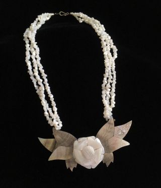 Mother Of Pearl Statement Necklace Carved Large Flower Multi Strand Vintage