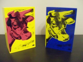 Andy Warhol Cow Print Vilac France Blue Yellow Bookend Bricks Vintage 1995