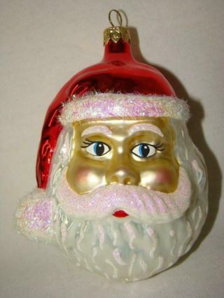 Large Vintage Hand Painted Molded Glass Santa Head Christmas Ornament,  Polonaise