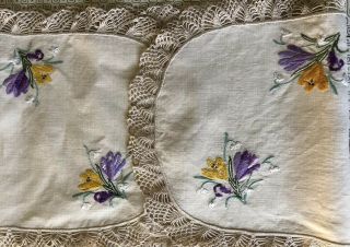 Vintage Hand Embroidered Table Runner With Snowdrops And Crocuses