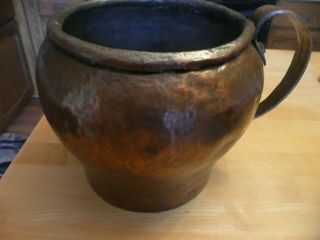 Antique Primitive hand made & hammered copper pot w/side handle 2