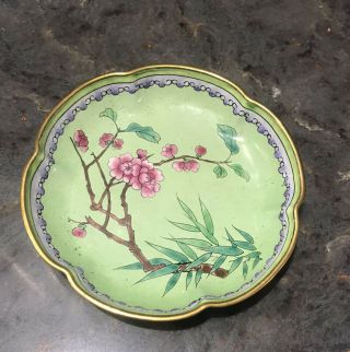 Small Vintage Chinese Trinket Dish Enamel On Copper Hand Painted