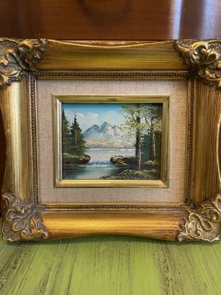 Vintage Oil Painting Landscape Mountains Framed Unsigned 8.  5” X 9.  5”