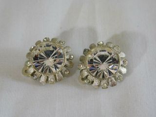 Vintage Clear Crystal Rhinestone Brushed Silver Clip On Earrings,  Pat.  156542