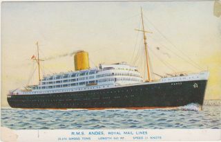 R.  M.  S.  Andes,  Single - Stack Ocean Liner Postcard,  Royal Mail Lines,  C.  1939 - 50s