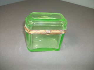 Vintage Trinket Box W/ Hinged Lid - Green Glass W/ Gold Metal - 4 1/4 " T - J Jr