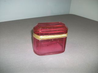Vintage Trinket Box w/ Hinged Lid - Ruby Glass w/ Gold Metal - 4 1/4 