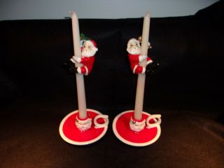 2 Vintage Japan Ceramic Christmas Santa Claus Candle Stick Holders & 2 Huggers