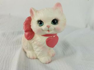 Vintage Lefton Valentine White Kitty Cat Planter Pink Bow And Heart Cute Japan