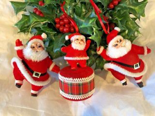 Three Vintage Happy Waving Dancing Santas Japan Flocked Plastic Christmas Decor