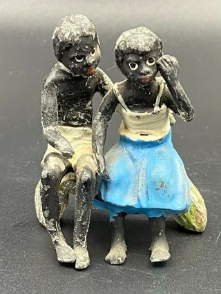 Antique Cast Iron Black Americana Memorabilia 2 Children Sitting Figurine