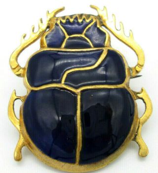 Vintage Art Deco Nouveau Egyptian Revival Blue Enamel C - Clasp Scarab Pin Brooch