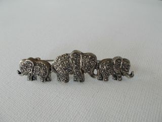 Vintage Marcasite Brooch,  Small 3 Elephants Pin,  Trunks Up Good Luck Elephants