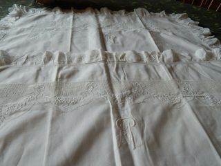 Antique White Linen Hand Embroidered With French Mono 2 Pillow Shams 3