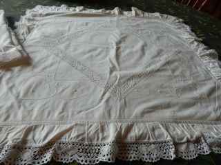 Antique White Linen Hand Embroidered With French Mono 2 Pillow Shams 2