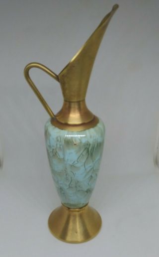 Vintage Delft Aqua And Brass Bud Vase Ewer Picture Hand - Painted Luster Holland