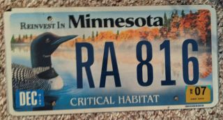 Minnesota 2007 Critical Habitat Loon License Plate,  First Issue