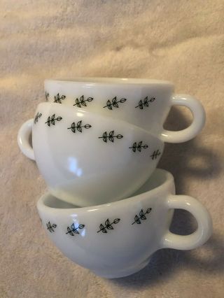 Vintage Pyrex 3 White Milk Glass Green Leaf Coffee Cups No Saucers